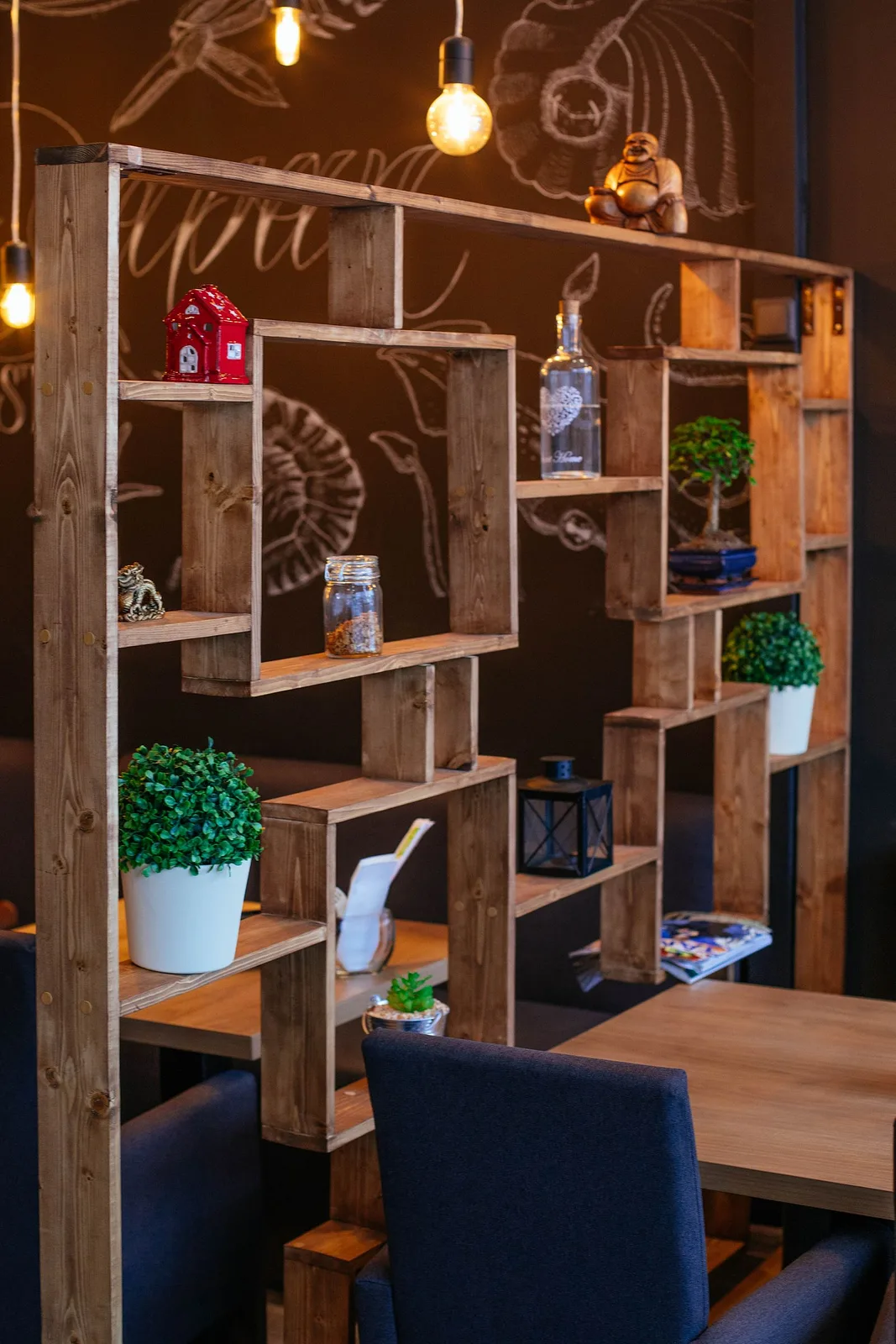 Warm bakery interior with wooden shelves and soft lighting