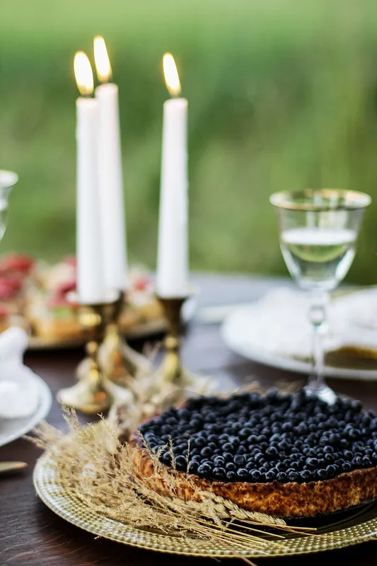 Blueberry topped cake on a warmly lit table